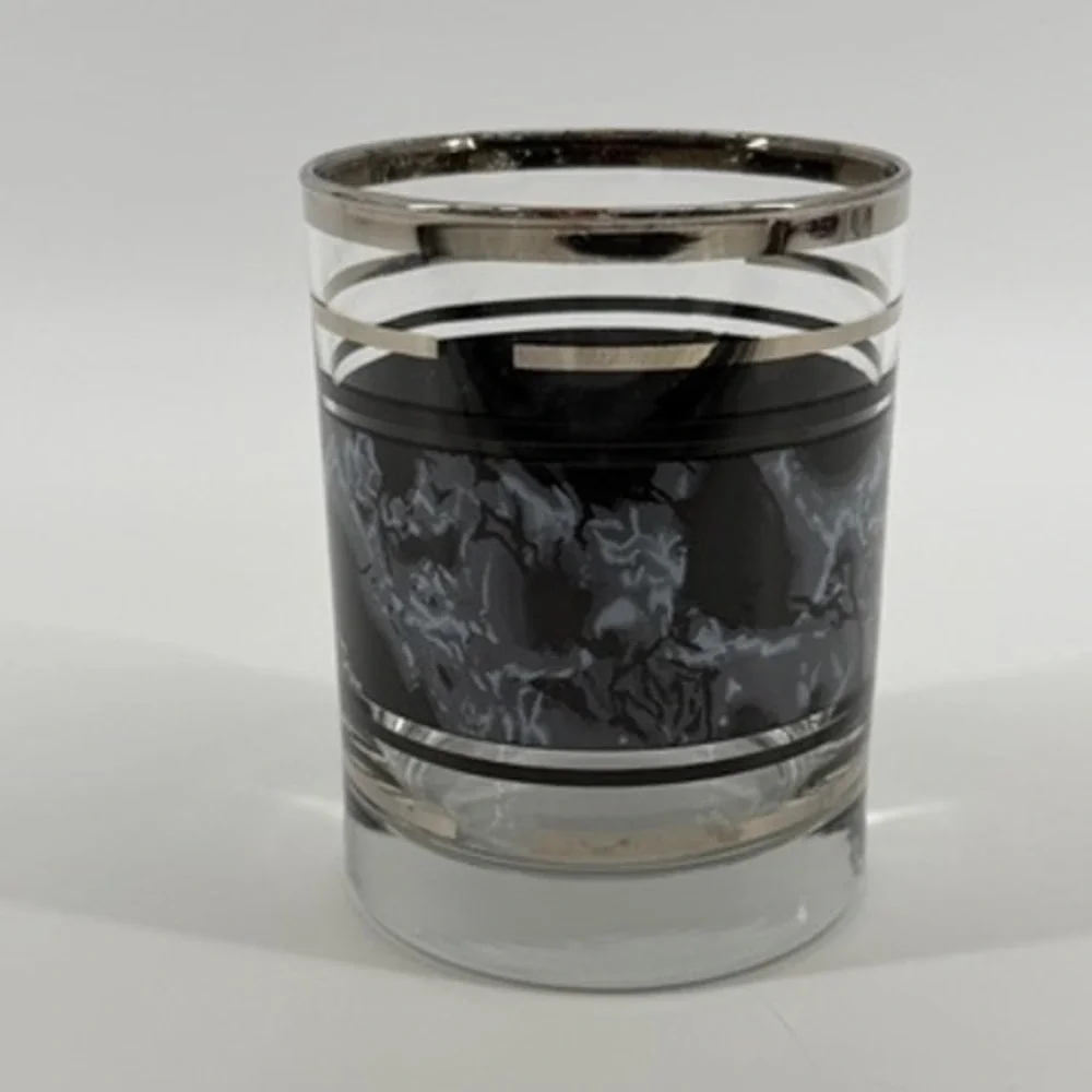 Vintage Whiskey Glass‎ Black Marble Silver Stripe Barware Drinkware MCM